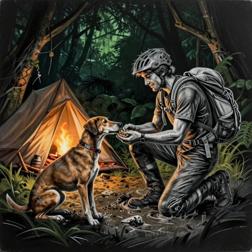 An adventure racer kneeling in jungle mud offering food from their hand to a lean stray dog, firelight flickering from a camp behind them, deep shadows