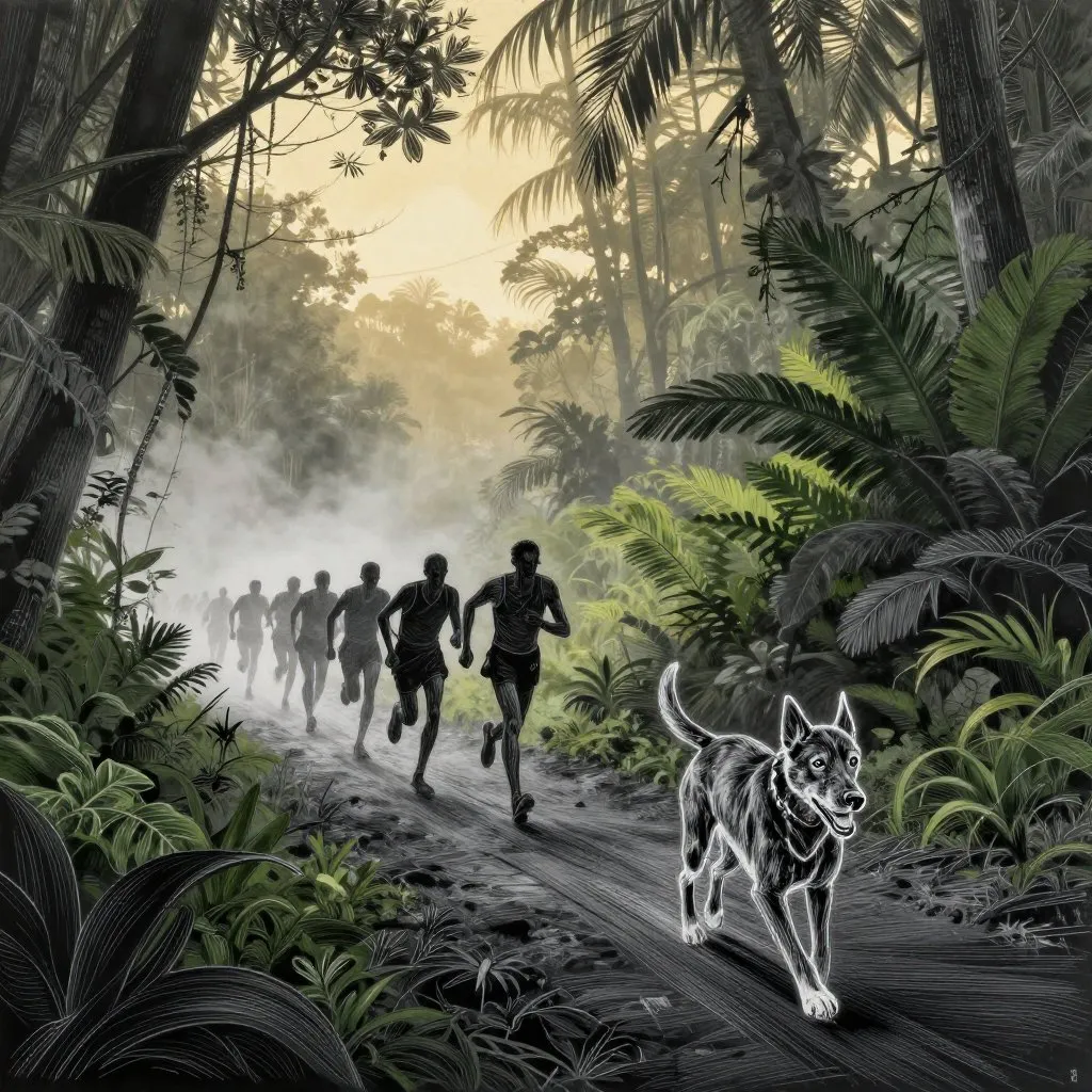 A dog trotting behind a line of racers on a jungle trail at dawn, mist low to the ground, the dog's outline just visible in the morning grey, determined energy