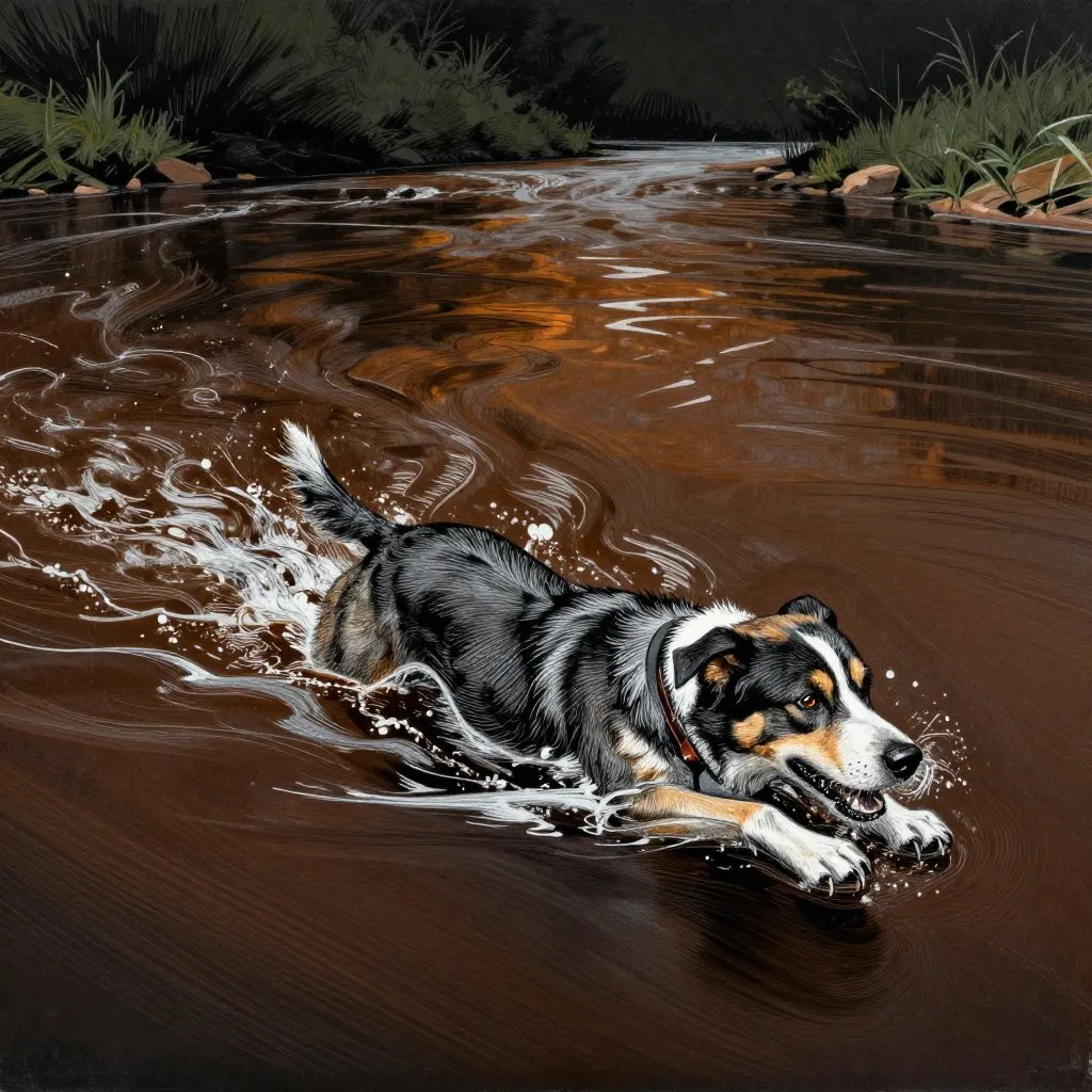 A dog mid-stride swimming across a wide brown river beside a racer, both cutting through fast water, motion and effort visible in every scratched line