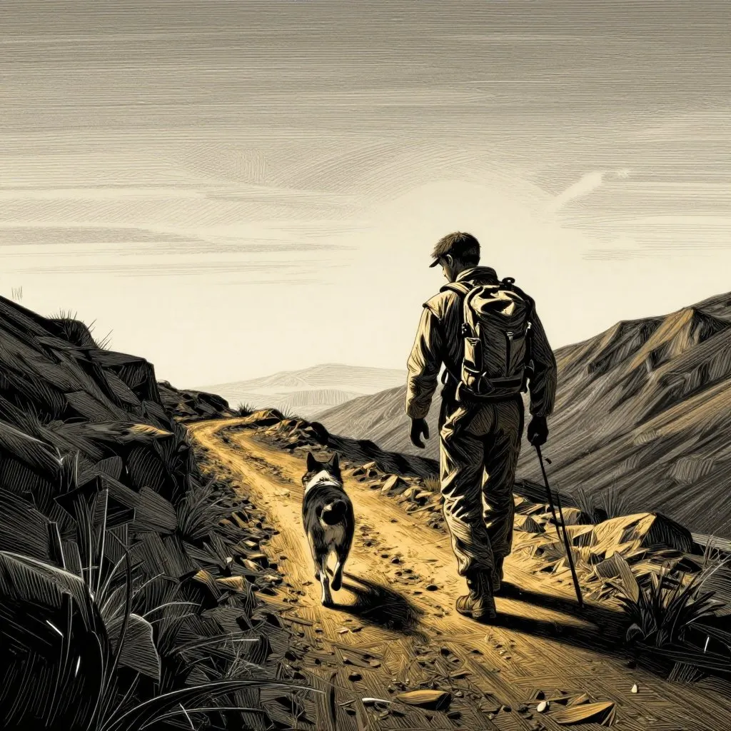 A racer looking down at a dog walking beside him on a mountain trail at high altitude, a quiet moment of recognition between them, vast open sky behind
