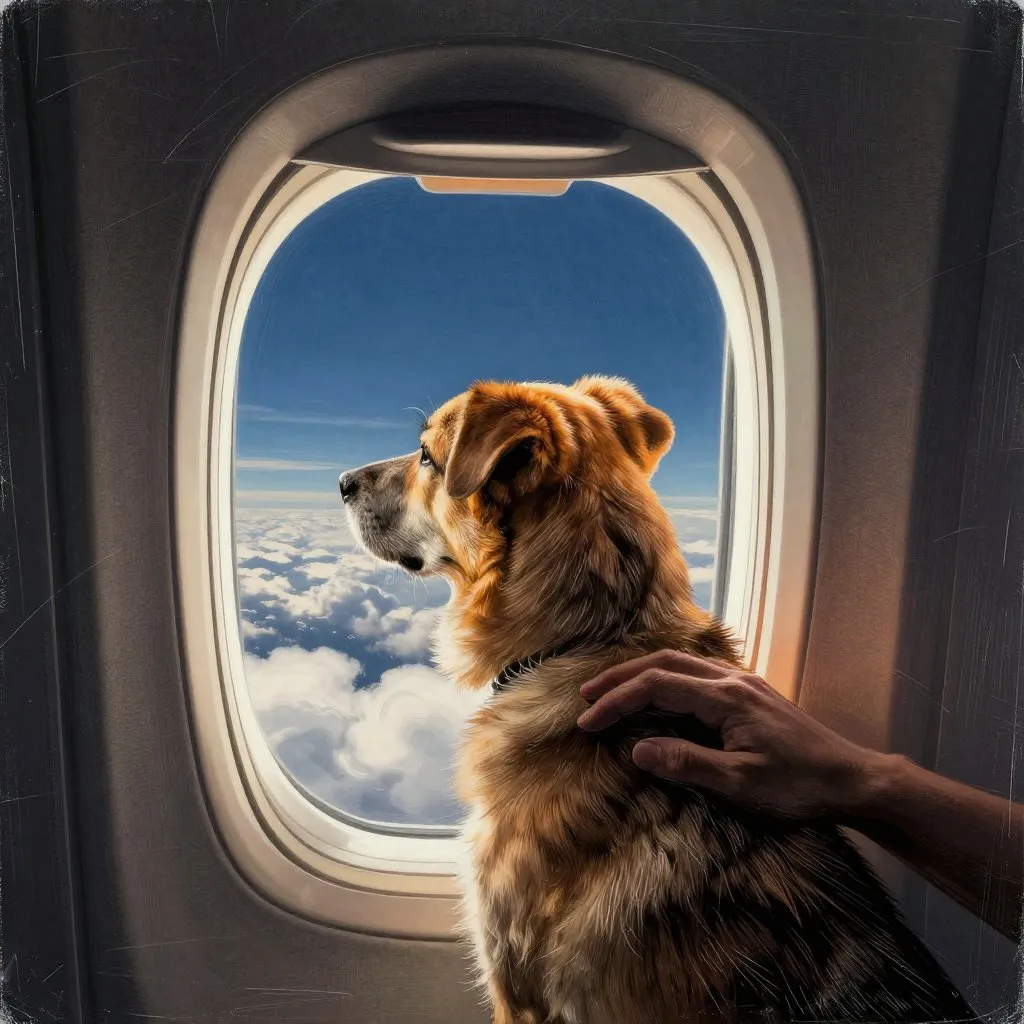 A dog looking out through the oval window of an airplane, clouds far below, a human hand resting gently on his back, contemplative and calm