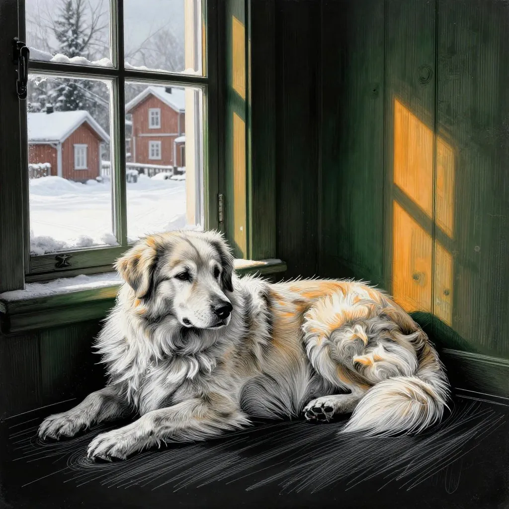 A dog lying by a window in a Swedish home, snow visible outside on a quiet street, warm interior light falling across his fur, at rest and at peace