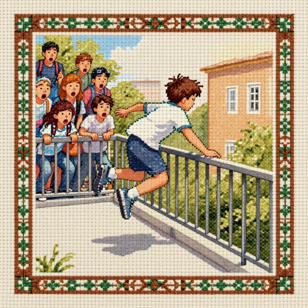 A child tumbling over a viewing rail toward a concrete floor far below, crowd of onlookers frozen in shock at the railing above, bright summer light