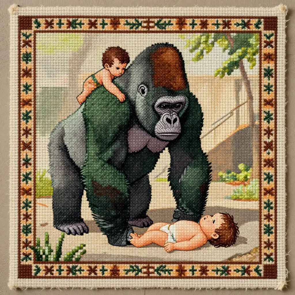 A large gorilla with a small infant on her back leaning down toward a small motionless child on a concrete floor, quiet and focused attention, dappled zoo enclosure light