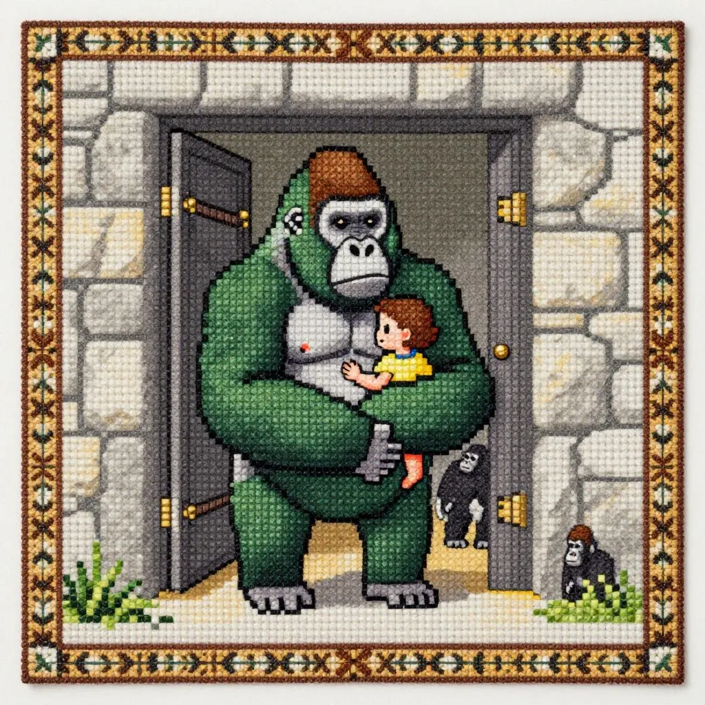 A gorilla standing at a heavy keeper door set into a stone wall, holding a child gently against her body, other gorillas visible in the background keeping their distance
