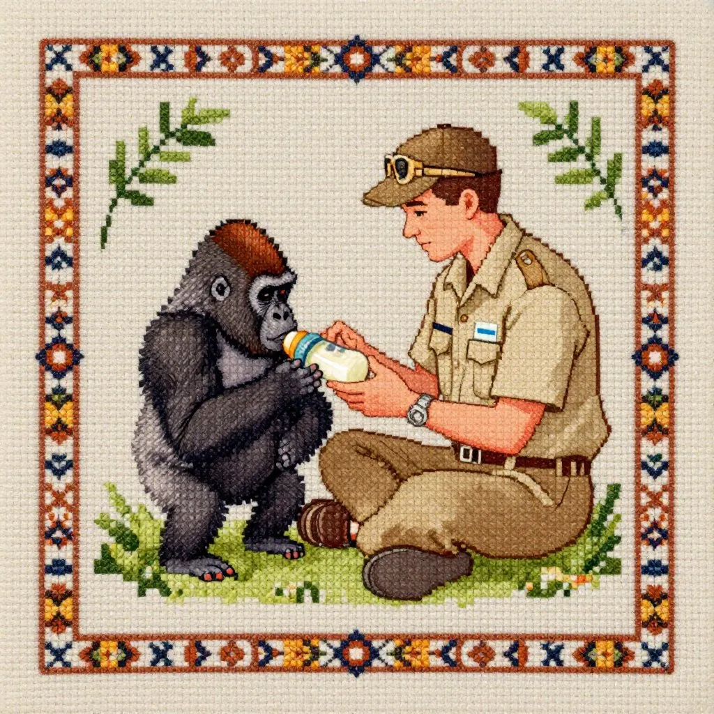 A zookeeper in a khaki uniform sitting on the ground feeding a baby gorilla from a bottle, soft indoor light, quiet intimacy and patient care