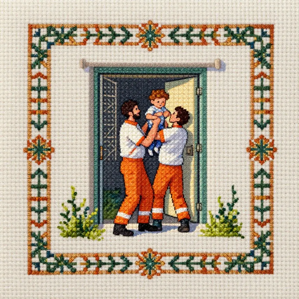 Paramedics in orange and white carefully lifting a small child through a keeper door, the enclosure visible behind them, warm late afternoon light, relief and careful movement