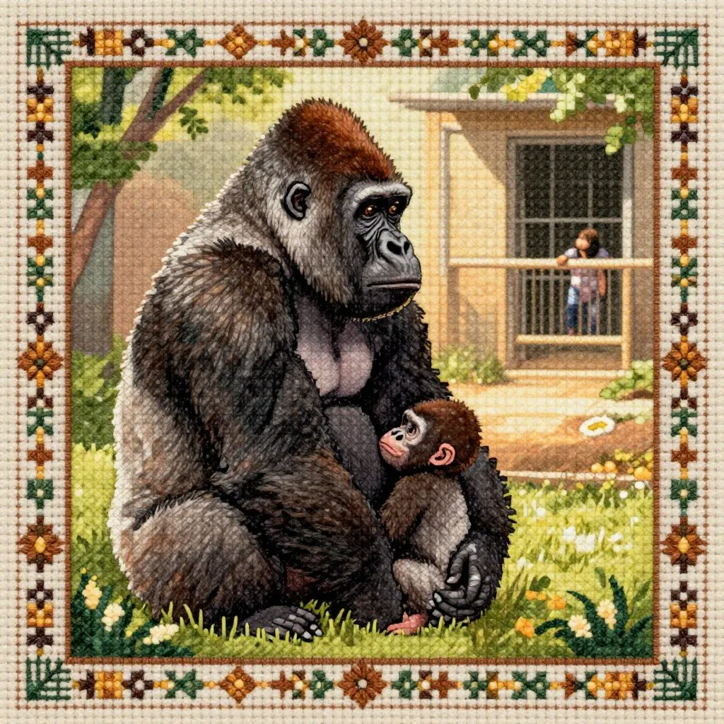 A western lowland gorilla sitting quietly in a sunlit enclosure, her infant daughter pressed close to her side, looking toward a keeper door in the distance, still and thoughtful mood