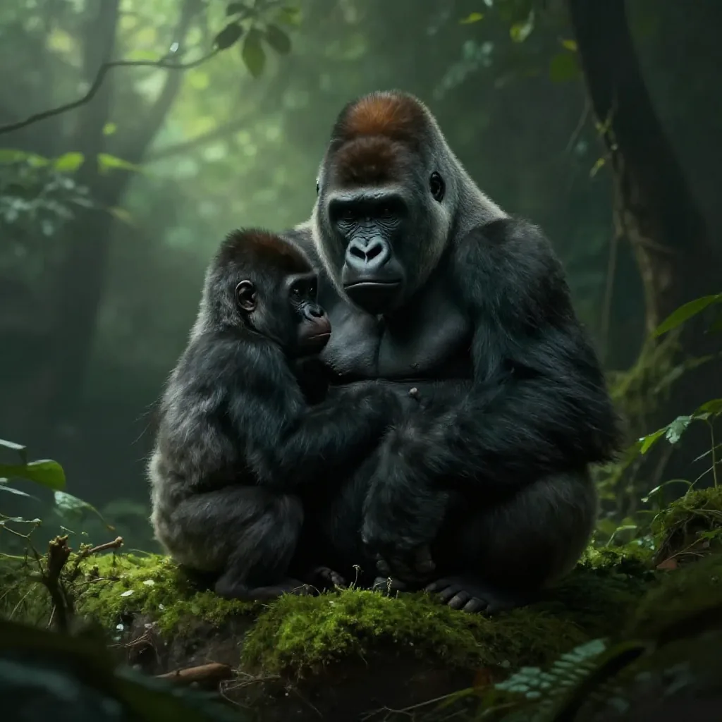 An adult gorilla and a younger gorilla sitting together in filtered green light