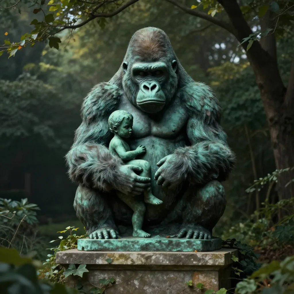 A weathered bronze statue of a gorilla holding a small child, set on a stone plinth in a garden