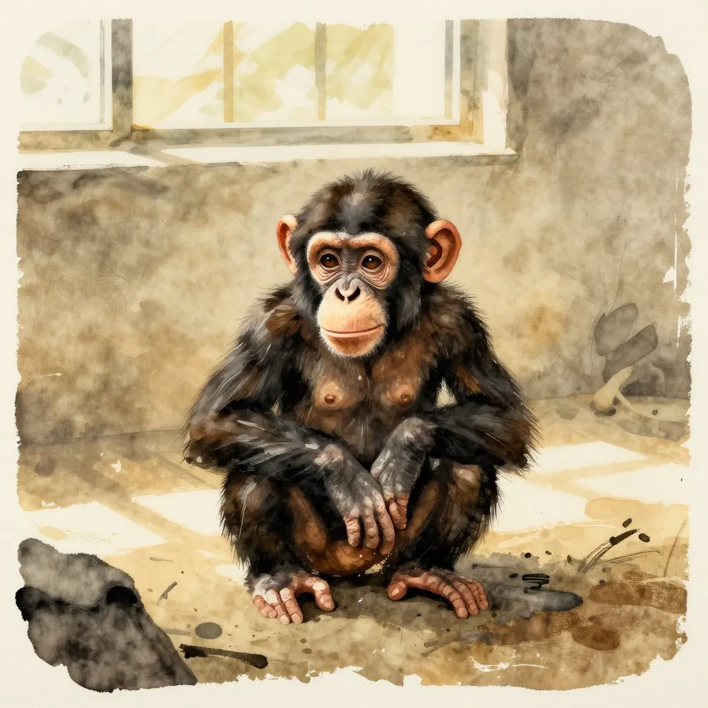 A small chimpanzee infant alone in a sparse enclosure, soft Bangkok light coming through a high window, vulnerable and uncertain