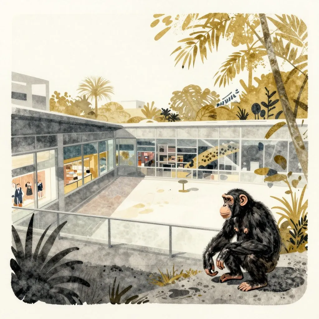 A wide-angle view of a rooftop zoo enclosure with a shopping mall visible through glass below and a lone chimpanzee in the foreground, layered and surreal