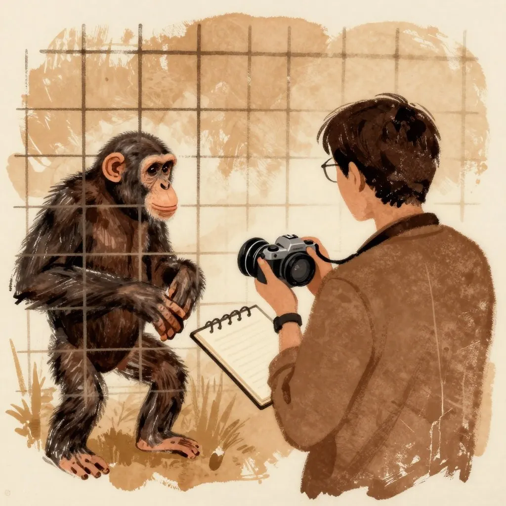 A person with a camera and a notebook standing outside wire mesh looking in, the chimpanzee visible but turned away, documentation and distance