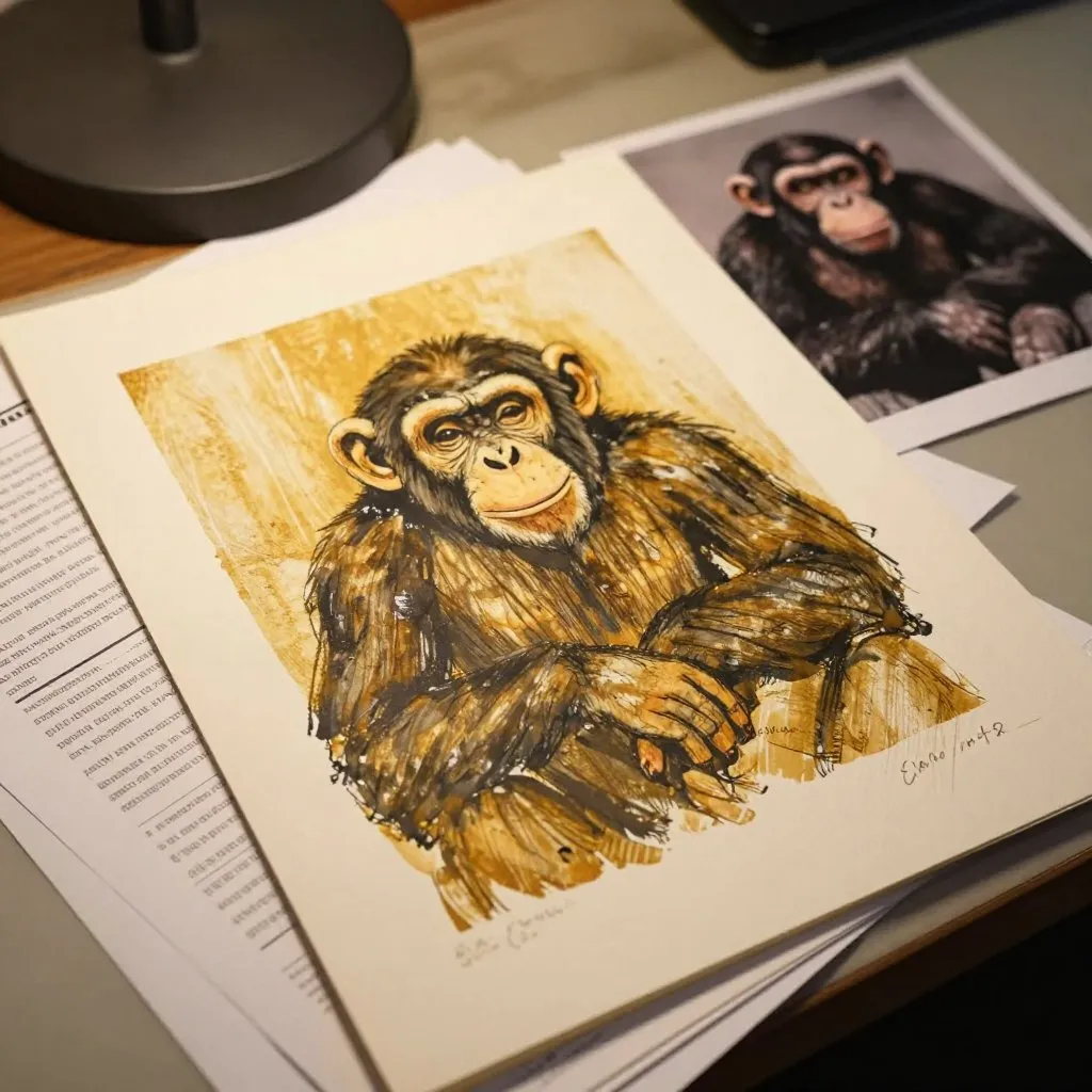 A stack of printed reports and petition pages on a desk with a photograph of a chimpanzee visible among them, low lamp light, quiet determination