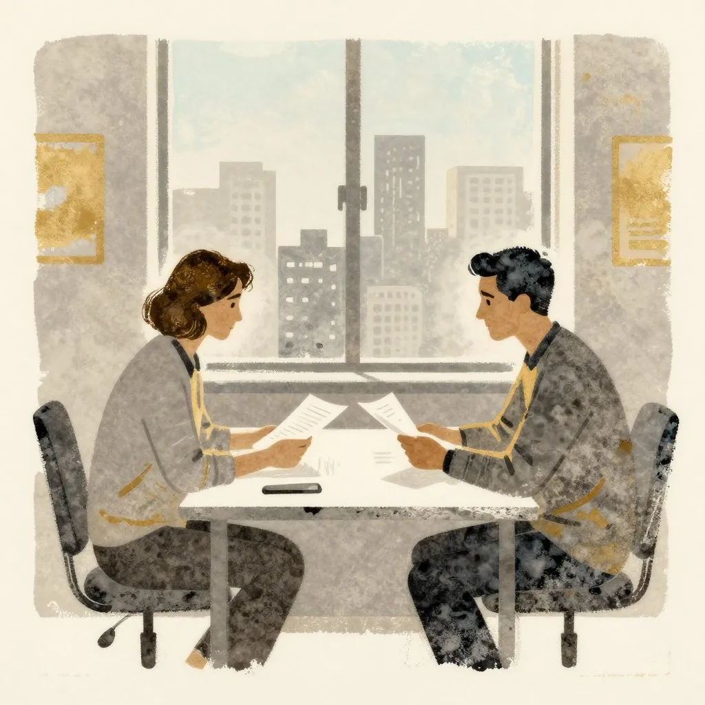 Two people in a small office across a table with documents between them, a window behind them showing a city skyline, uncertain and unresolved