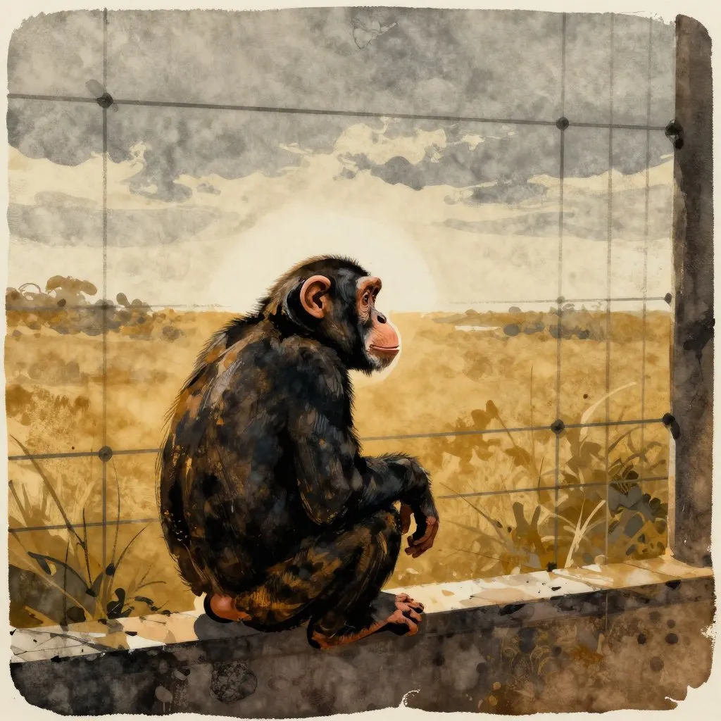 A chimpanzee sitting at the edge of her enclosure in late afternoon light, looking out through wire at open sky, the horizon wide and unreachable, still and contemplative