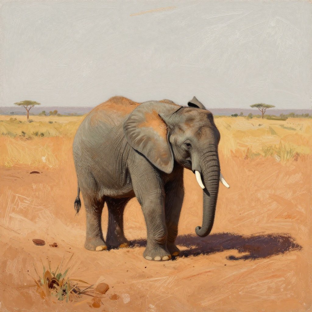 A tiny elephant calf alone in a wide landscape, dusty savanna light, quiet grief