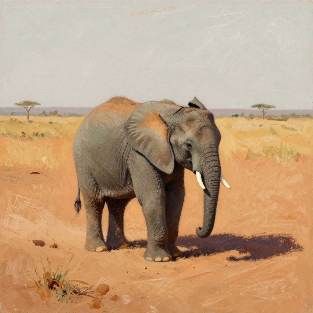 A tiny elephant calf alone in a wide landscape, dusty savanna light, quiet grief