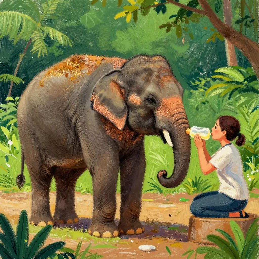 A young elephant being bottle fed by a human caregiver at a rehabilitation center, lush green surroundings, warm bond