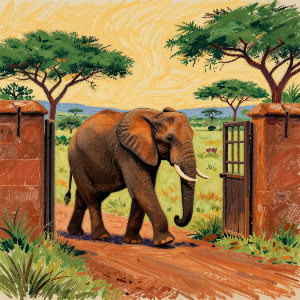 An elephant walking through a gate into open bush, a wide Zambian landscape opening before her, sense of return and freedom