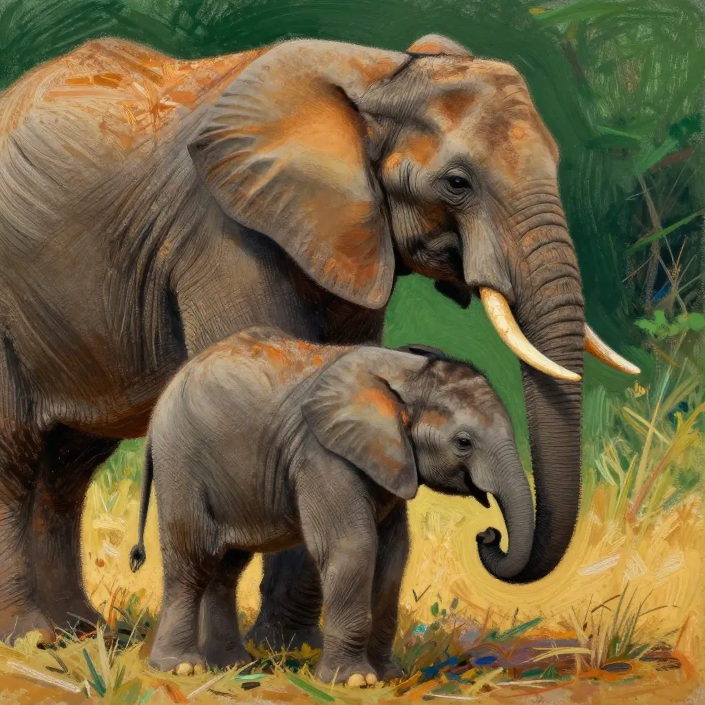 A mother elephant using her trunk to gently help a wobbly newborn calf stand, close-up and tender, rich warm light