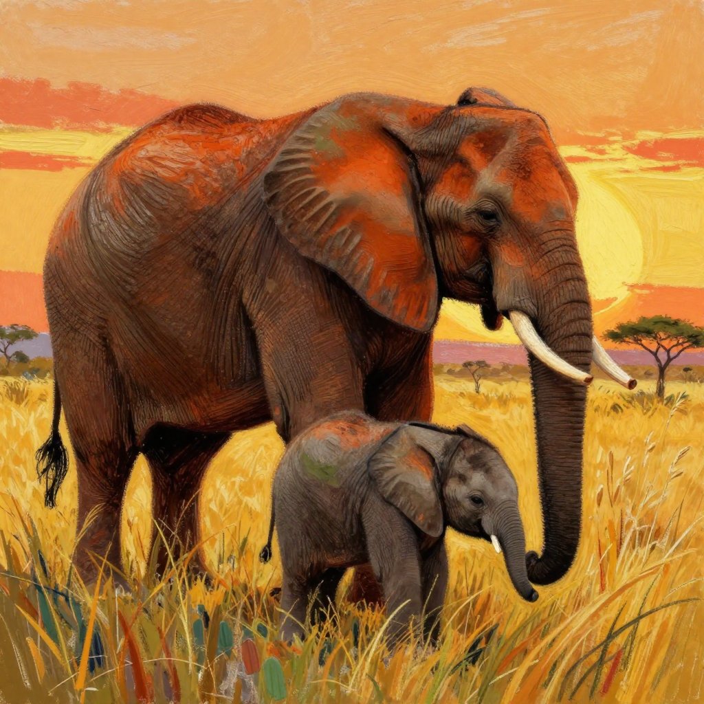 A wide savanna view of a mother elephant and her small calf walking together at golden hour, Kafue National Park