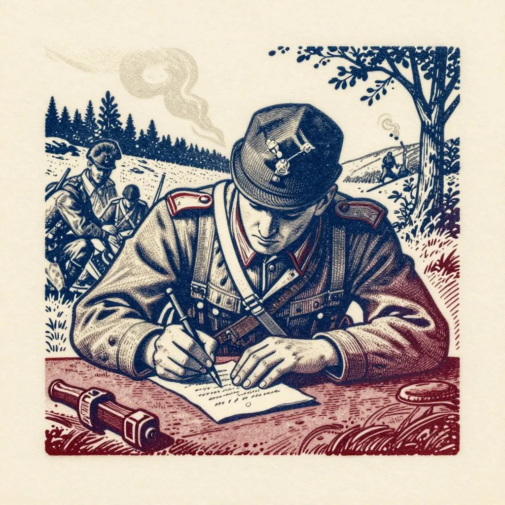 A World War I officer in a trench writing a message on a small paper slip, smoke visible above the tree line, soldiers crouched in the background