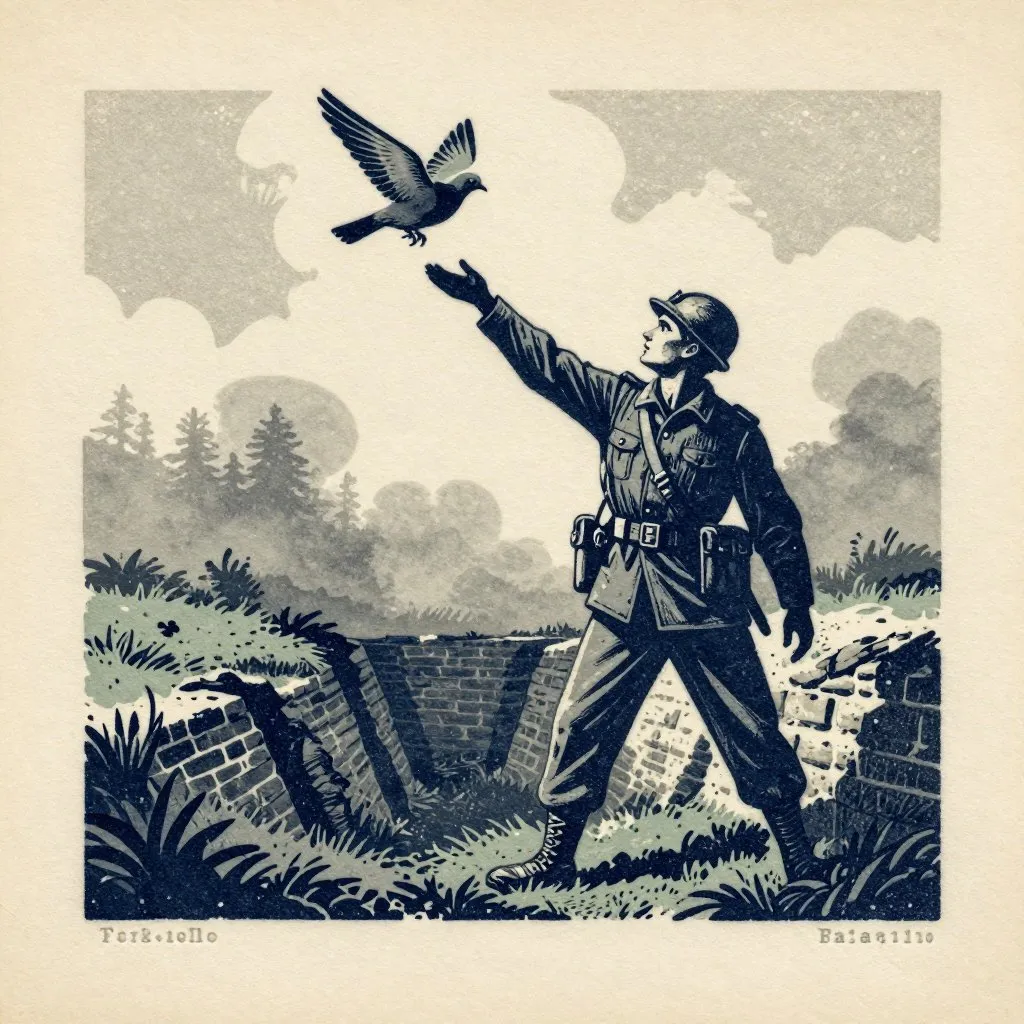 A soldier releasing a pigeon into smoky sky above a forest trench, the bird barely visible against grey air, a sense of dread and dwindling hope