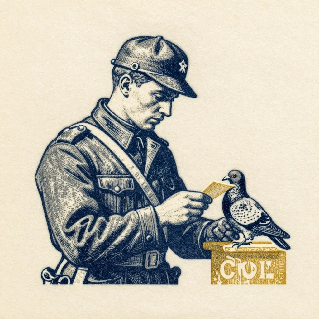 A soldier at a military pigeon loft receiving an injured bird, reading a small slip of paper, relief visible on his face, quiet urgency