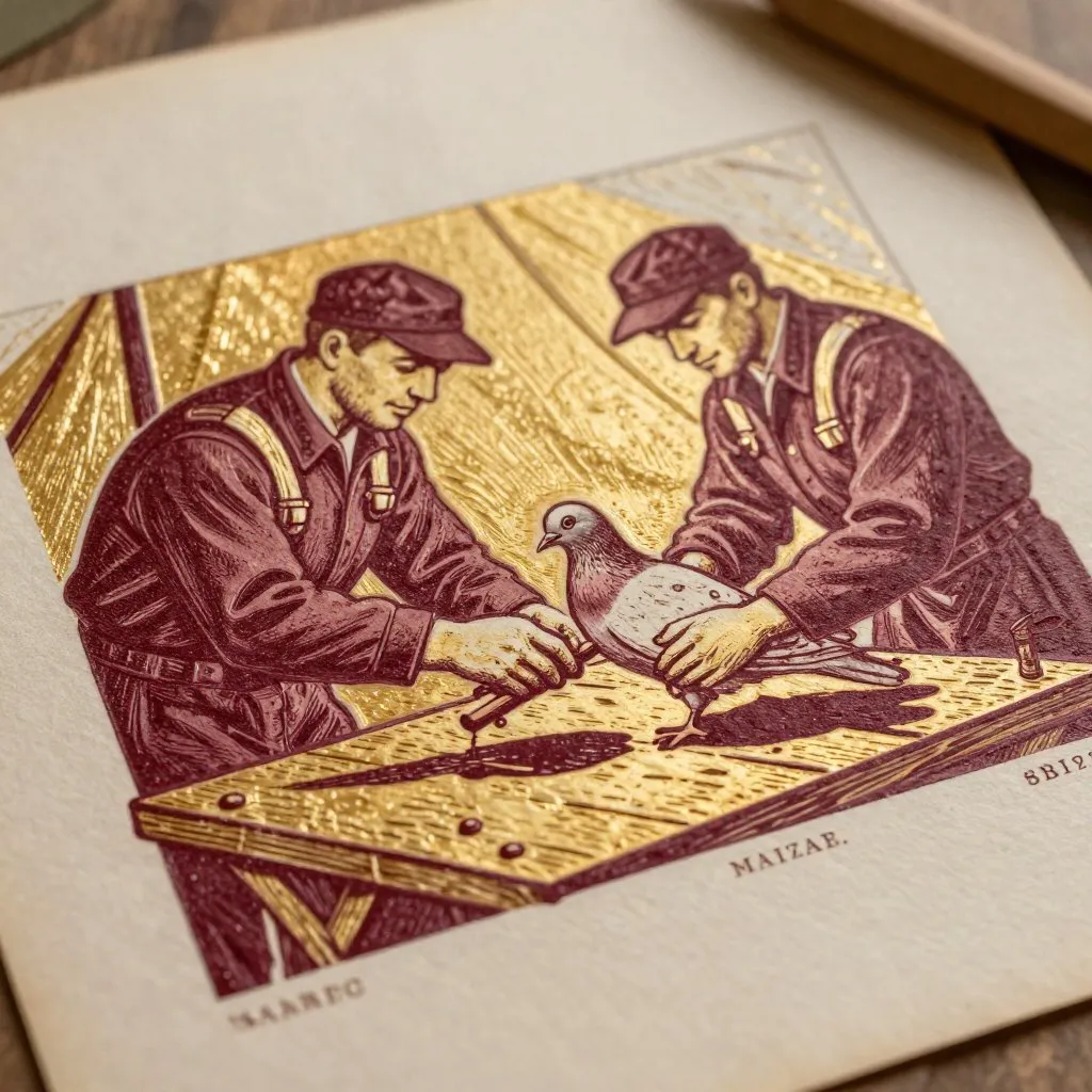 Army medics carefully tending to a small pigeon on a wooden table, carving a tiny wooden leg, gentle hands, warm lamplight in a military tent