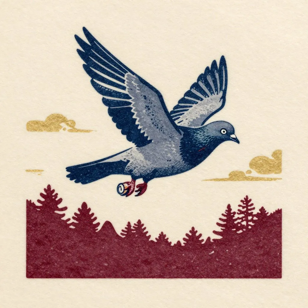 A small carrier pigeon in steep flight against a pale sky, a forest treeline below, a canister attached to her leg, fierce and forward-moving