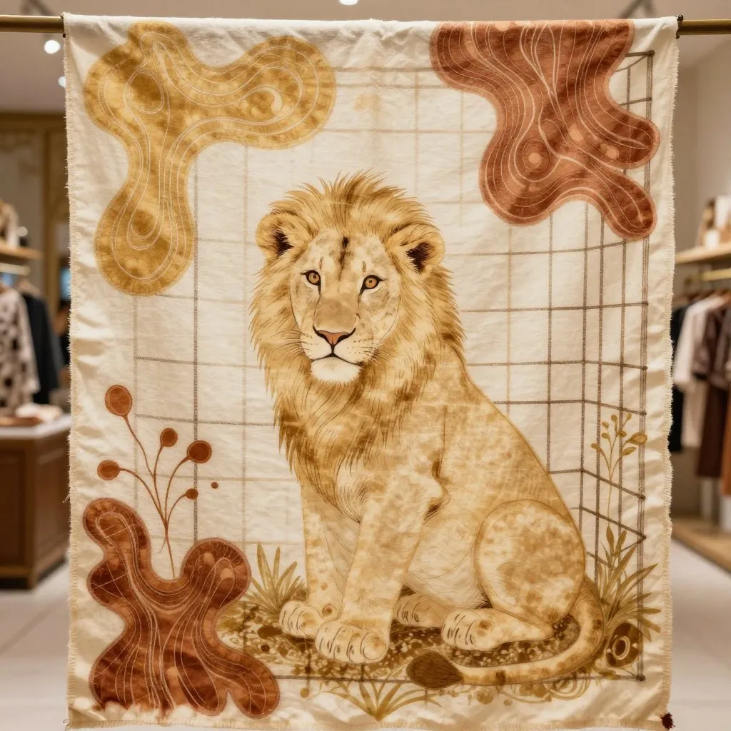A pale lion cub sitting in a wire enclosure inside an elegant department store, curious expression, ornate retail surroundings in contrast with the wild creature inside