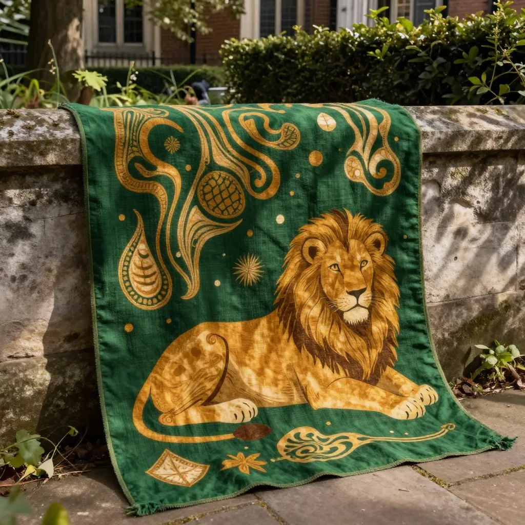 A young lion lying in a walled London church garden surrounded by stone walls and green hedges, dappled afternoon light, serene and slightly absurd mood