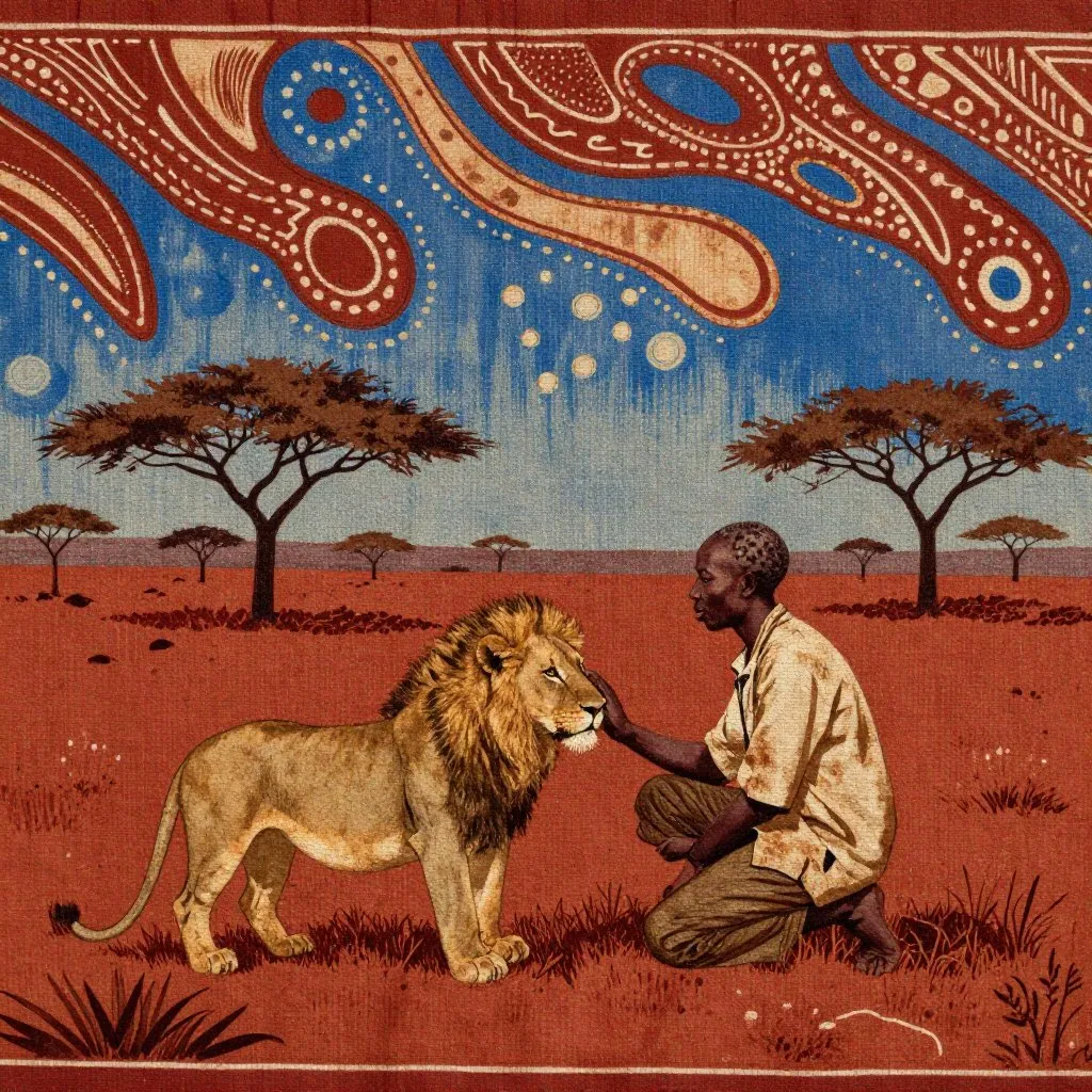 A weathered conservationist kneeling beside a young lion in red Kenyan scrubland, sparse acacia trees on the horizon, quiet trust between man and animal