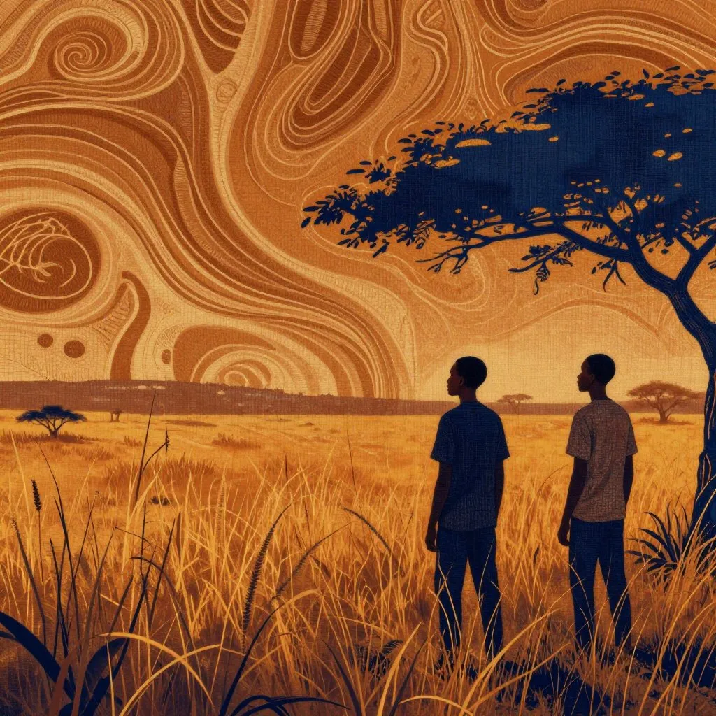 Two young men standing at the edge of Kenyan bush at golden hour, tall dry grass ahead of them, a shape visible in the distance, anticipation and uncertainty in their posture