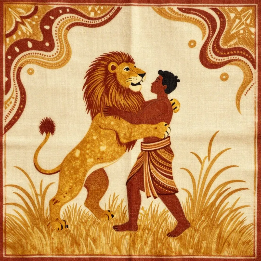 A full-grown lion rearing up on his hind legs to embrace a standing man, both figures caught mid-motion in a field of golden grass, pure joyful energy