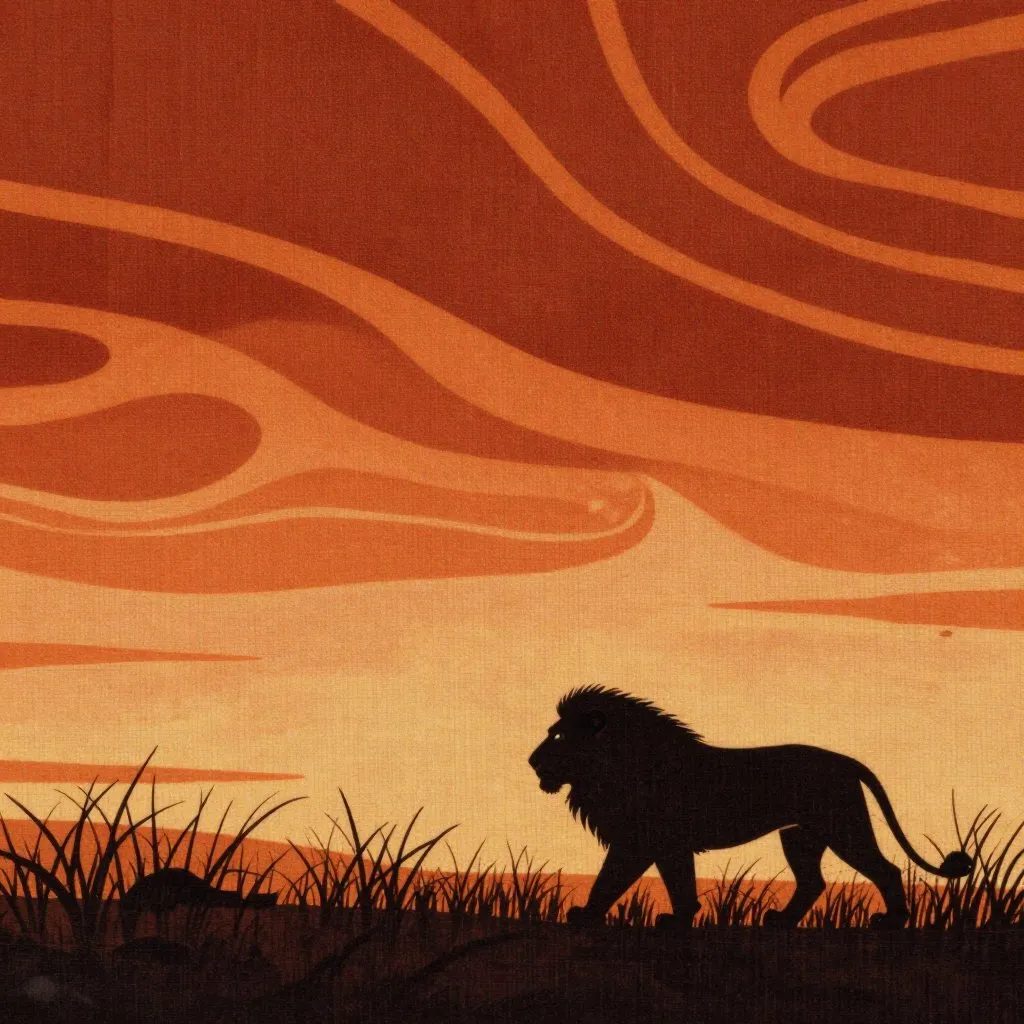 A lone lion walking calmly into tall savanna grass at dusk, silhouetted against a glowing orange horizon, peaceful and free