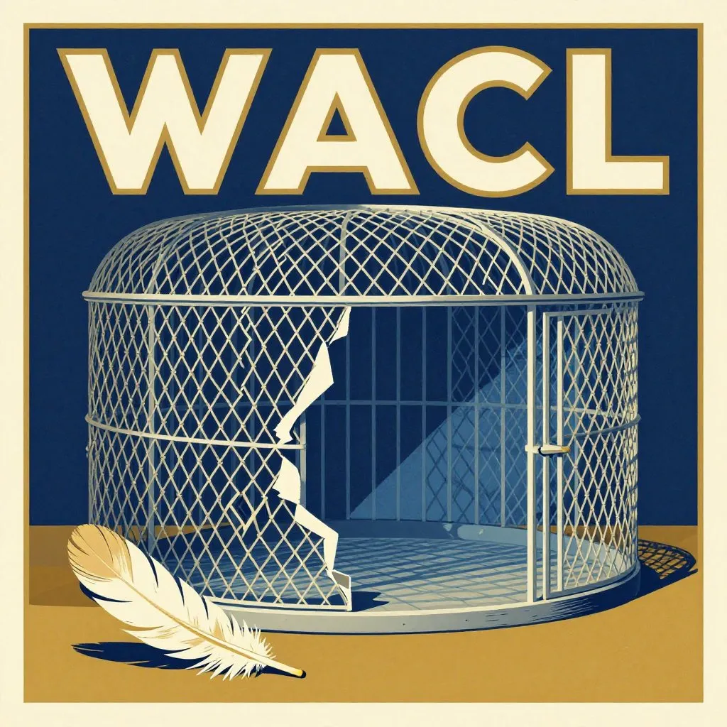 A chain-link mesh enclosure with a clean cut torn open, a single large owl feather on the ground nearby, empty cage in predawn blue light