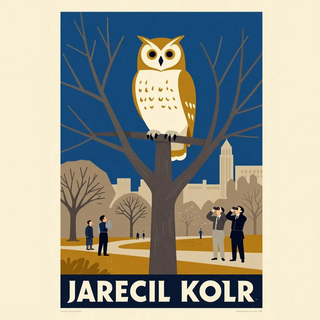 A large owl perched high in a bare winter tree in Central Park, zoo staff in the distance looking up with binoculars, owl unmoved and calm