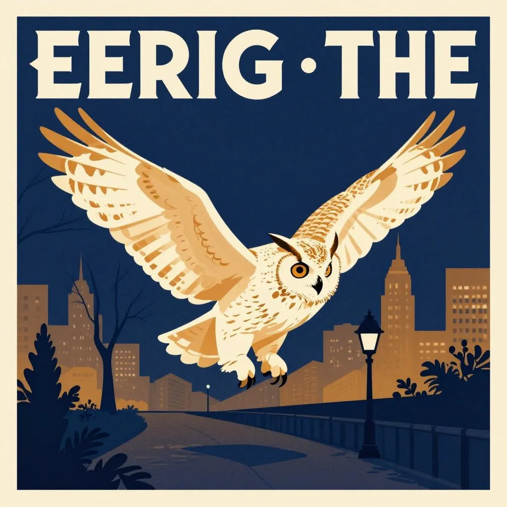 A Eurasian eagle-owl in mid-dive over a dark Manhattan park path, wings fully spread, focused and precise, night hunt scene