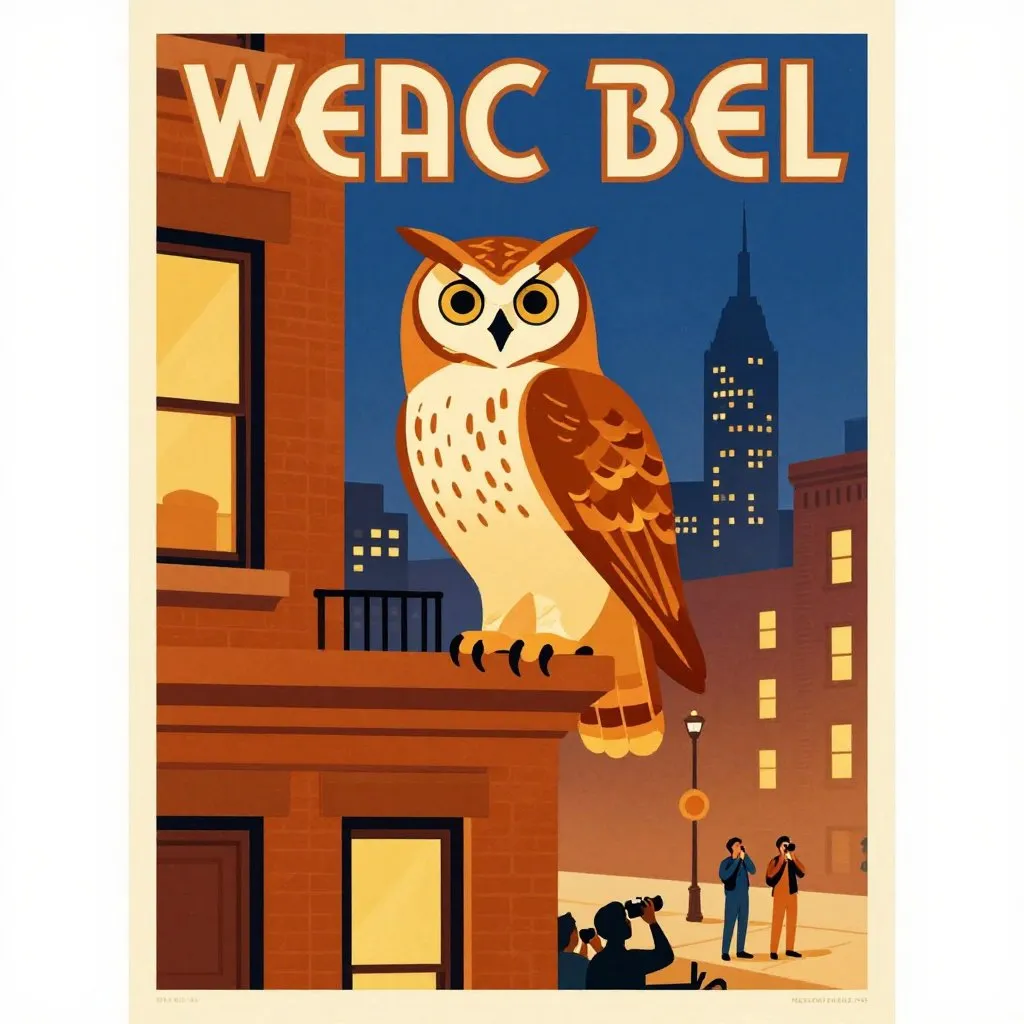 An eagle-owl perched on a Manhattan apartment ledge at dusk, city lights beginning to appear in windows behind him, birders on the sidewalk below looking up with cameras