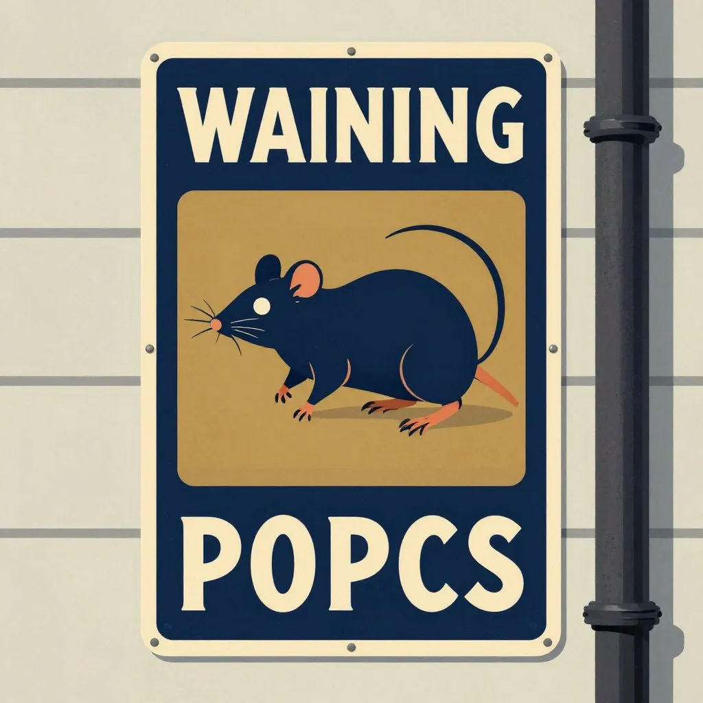 A close graphic illustration of a rat poison warning sign on a city wall beside a drain pipe, the composition shadowed and still, mood of quiet dread