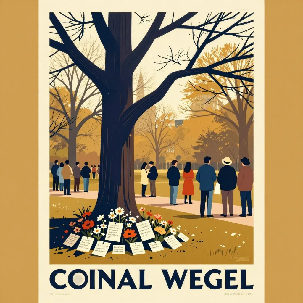 A memorial of flowers and handwritten notes arranged at the base of a Central Park tree, a small crowd of people standing quietly nearby, morning light through bare branches above