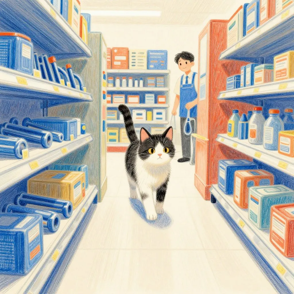 A cat walking down a hardware store aisle with purpose, shelves of tools on both sides, a staff member watching with a smile