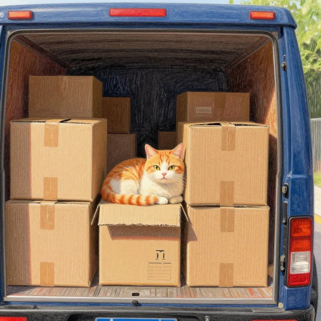 A cat curled up among cardboard boxes in the back of a delivery truck, cozy and unaware, warm light from a small gap