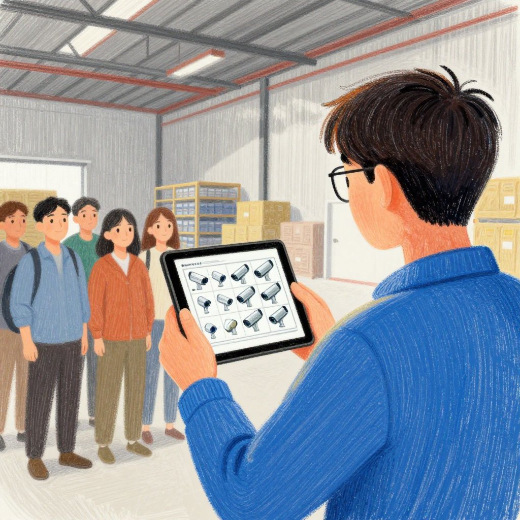 A person holding a tablet showing a security camera grid while others look on, large warehouse background, focused and determined
