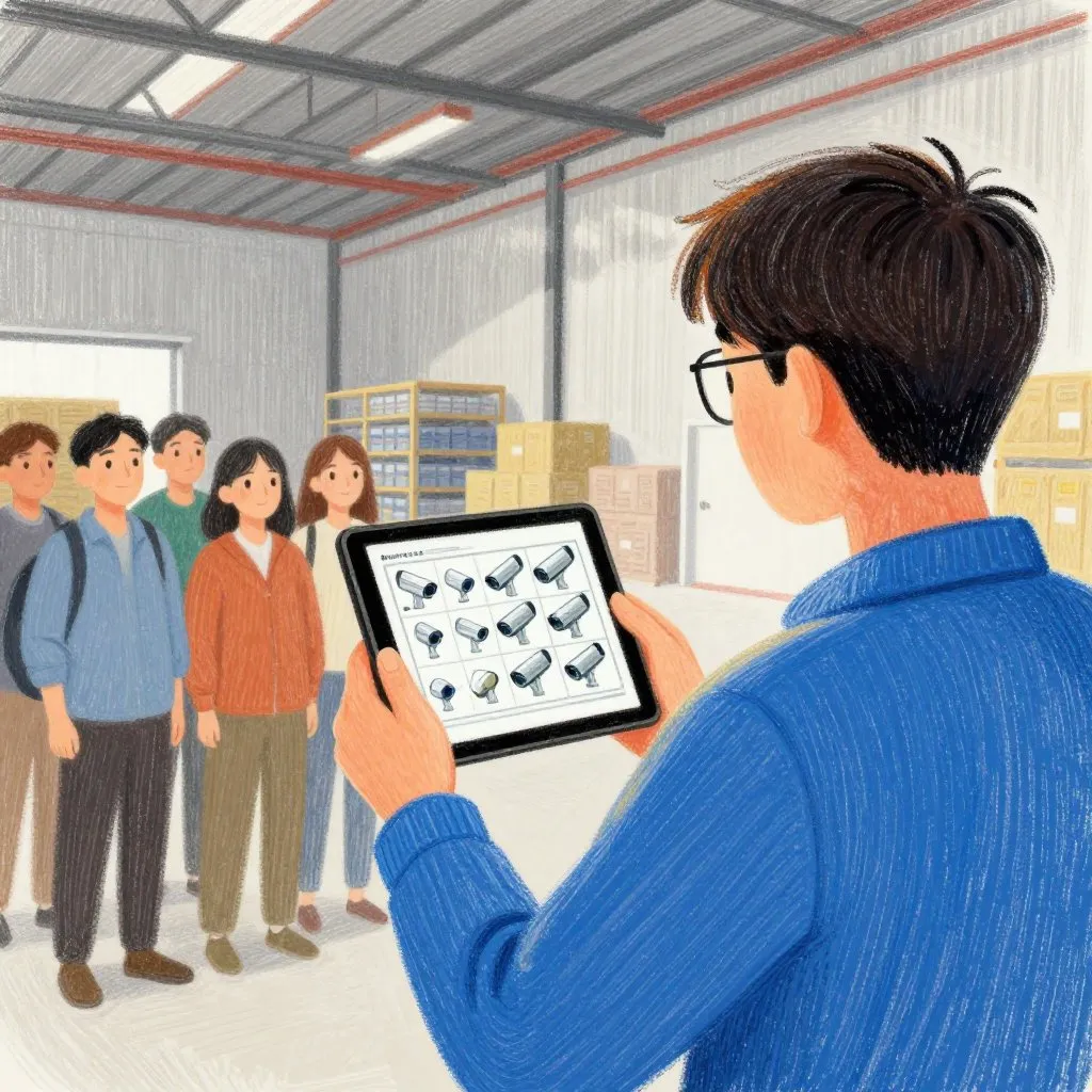 A person holding a tablet showing a security camera grid while others look on, large warehouse background, focused and determined