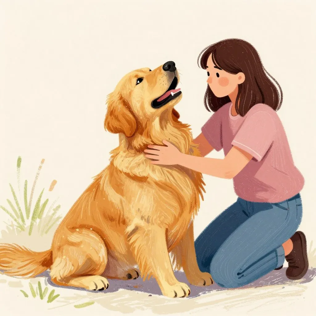 A very large golden retriever lying on an outdoor surface struggling to lift herself up, a young woman kneeling beside her with one hand on the dog's shoulder, pale outdoor light