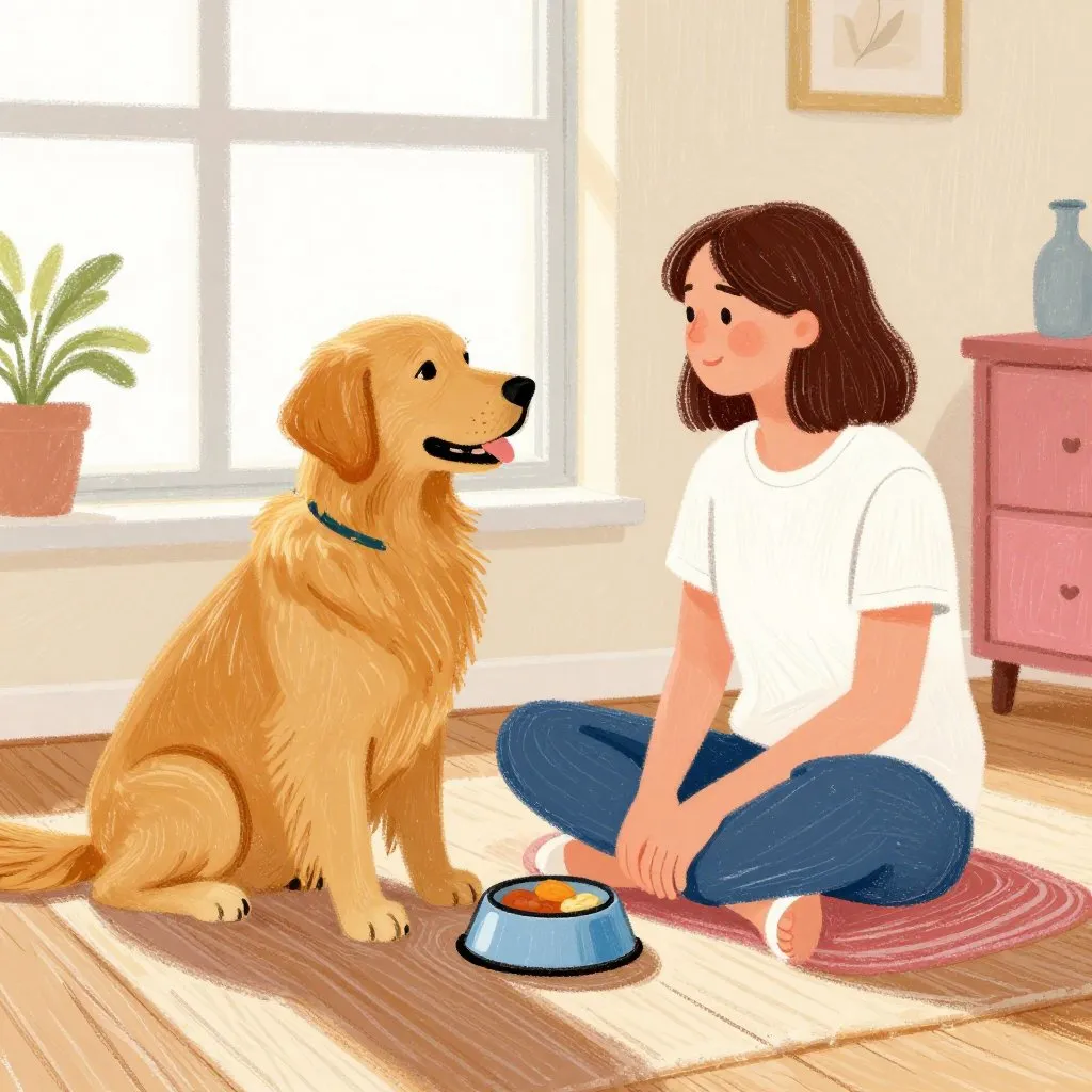 A young woman sitting cross-legged on an apartment floor beside a large golden retriever, a food bowl between them, early morning window light