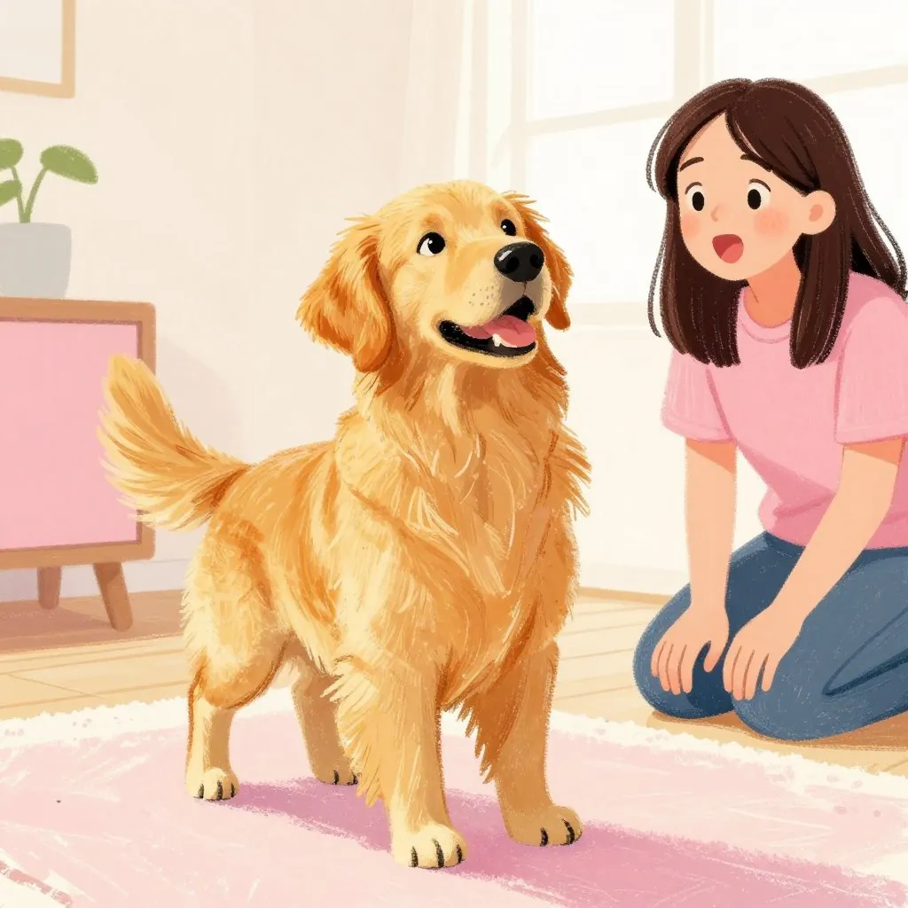 A golden retriever standing upright on four legs for the first time, slightly unsteady, a young woman watching from a short distance with visible surprise and joy, bright indoor light